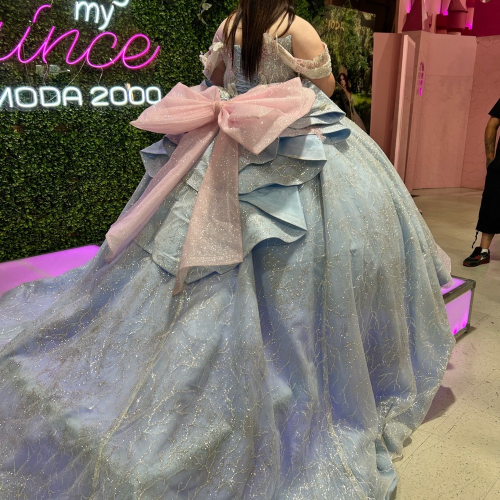 Elegant Blue Gown with Pink Bow